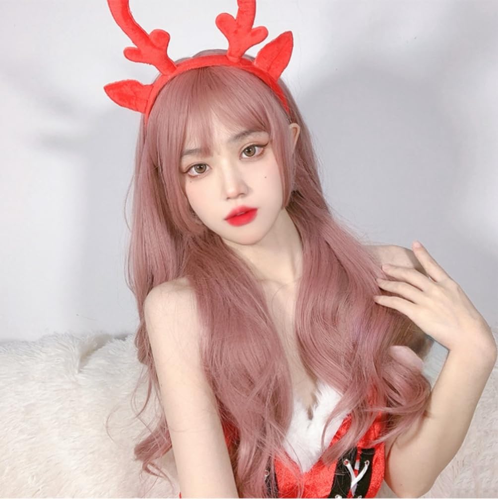 RyuuCos Lolita Long Plunging Pink Curly Light Wisteria Heat School Cultural Festival Wig, Hair, Curly, Bangs, Wig, Hair, Pink, Cosplay, Resistant,