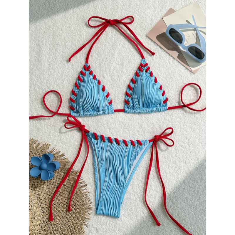 Sexy Triangle Bikini Set New Solid Color Textured Ribbed Halter Lace Up Tie Side Summer Beach Vacation Ins Fashion Swimwear