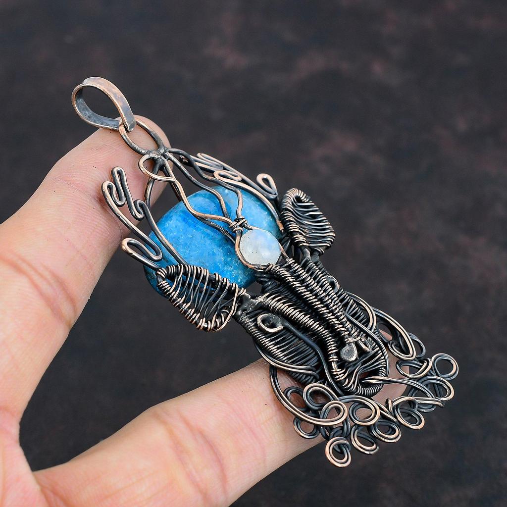 Neon Apatite Pendant Copper Wire Wrapped Pendant Rainbow Moonstone Pendant Handmade Deer Face Pendant Copper Gemstone Jewelry Gifts For Him