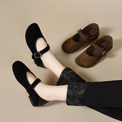 Женские туфли-лоферы с круглым носком, на низком каблуке, с мелким вырезом, с квадратной пряжкой, литературные и ретро, женские туфли на плоской подошве