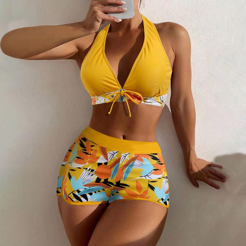 Women's Paneled Printed Swimsuit Ladies Fashion Sexy Split Boxer High Waist Swimsuit Two-Piece Set V-Neck Bathing Suits Female