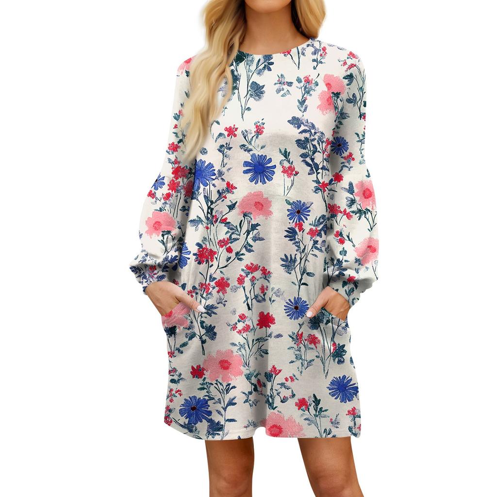 Модное женское платье трапециевидной формы с длинным рукавом. Осенний повседневный пуловер с круглым вырезом. Свободное платье с карманами.