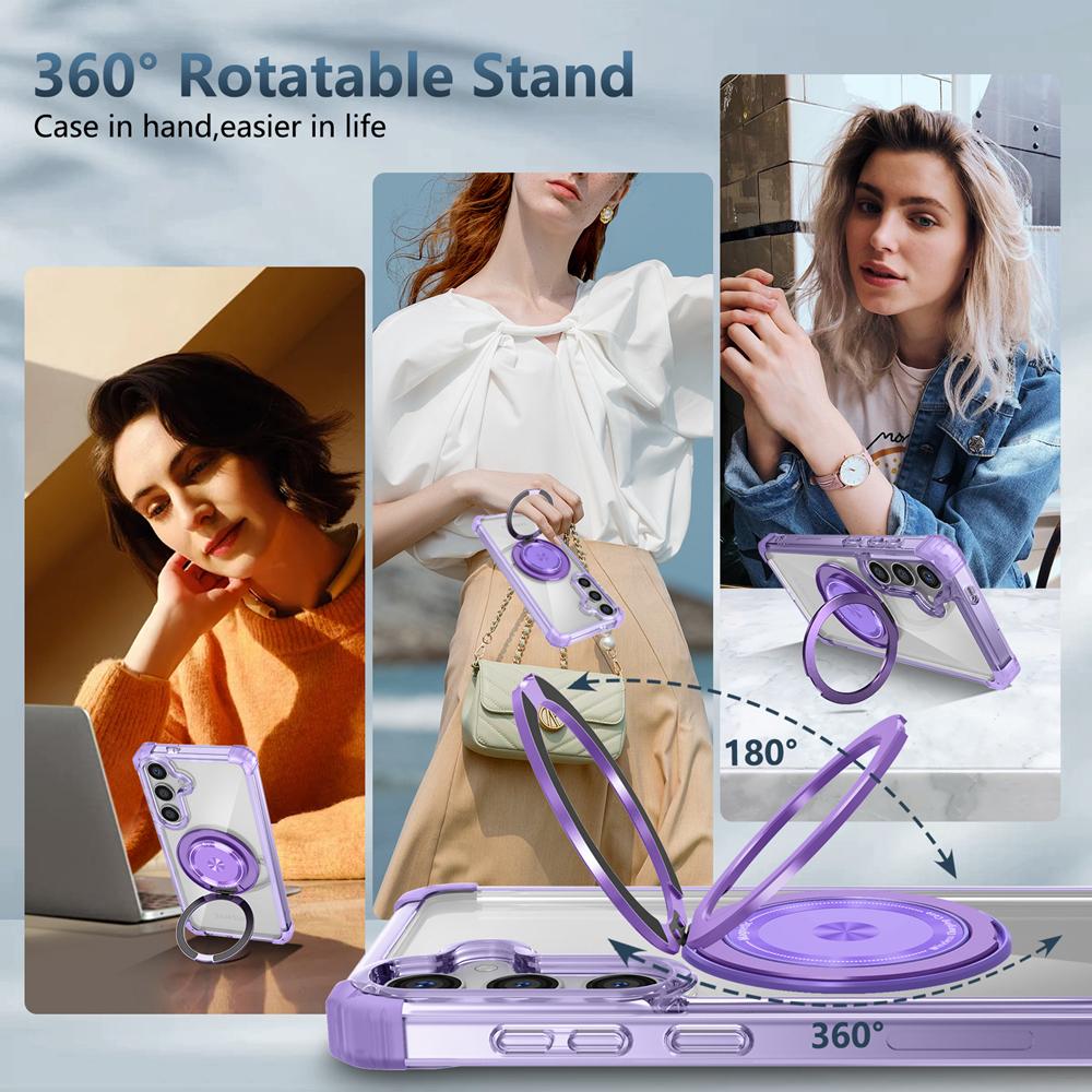 KEYSION Прозрачный чехол для MagSafe для Samsung Galaxy S24 FE 5G 360° Магнитная подставка-кольцо Беспроводная зарядка Прозрачная накладка для телефона