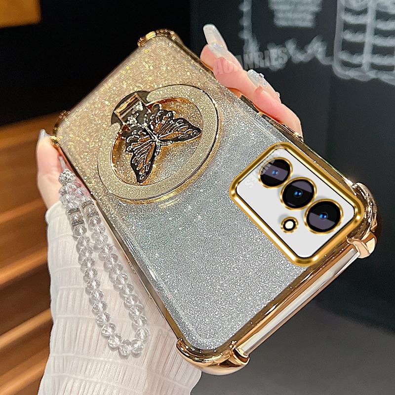 Чехол-шнурок держатель для телефона в виде бабочки для Samsung Galaxy A16 A26 A36 A56 5g A05s с гальваническим покрытием, противоударный, силиконовый, с подставкой