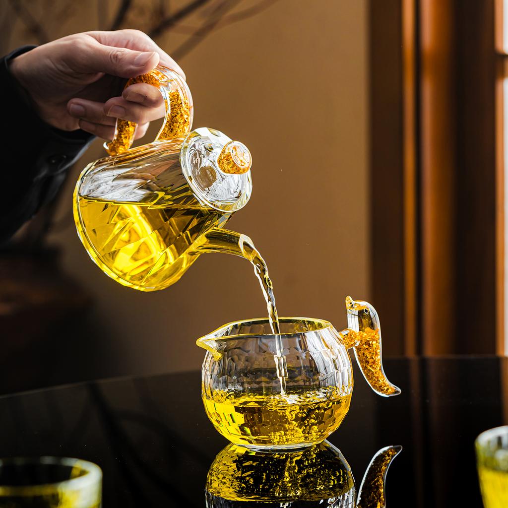 Crystal Glass Teapot Household High-grade Gold Foil Transparent Teapot Office Kung Fu Tea Set Living Room Table Decoration
