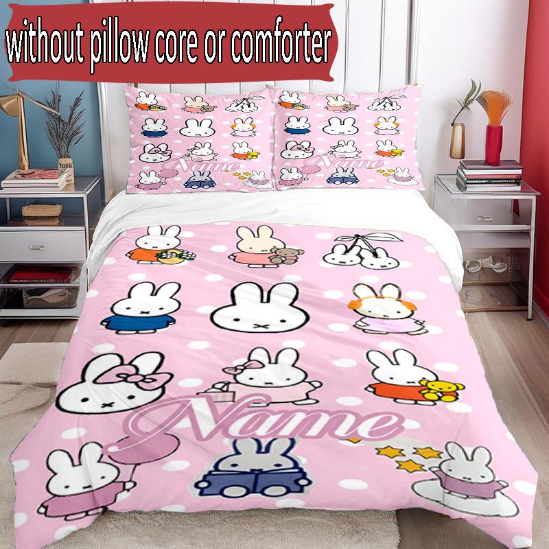 3pcs Duvet Cover Set (1*Duvet Cover + 2*Pillowcase, Without Core), Custom Name Miffy Pattern Bedding Set, Home Bedroom Decor Gift