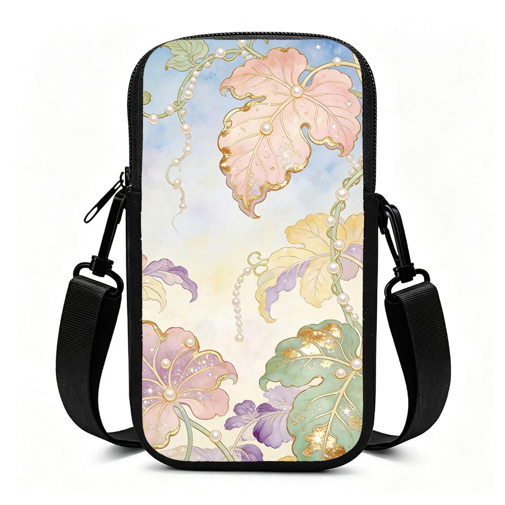 Elegant Pastel Botanical Pearl Floral Crossbody Phone Bag, Aesthetic Vintage Leaves Print Mini Shoulder Purse, Christmas Gift Festive Party Accessory