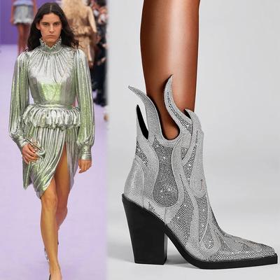 2024 Новые женские ботильоны с боковой молнией для сцены, сексуальные квадратные сапоги на толстом каблуке Water Diamond Flame 2024, сапоги большого размера