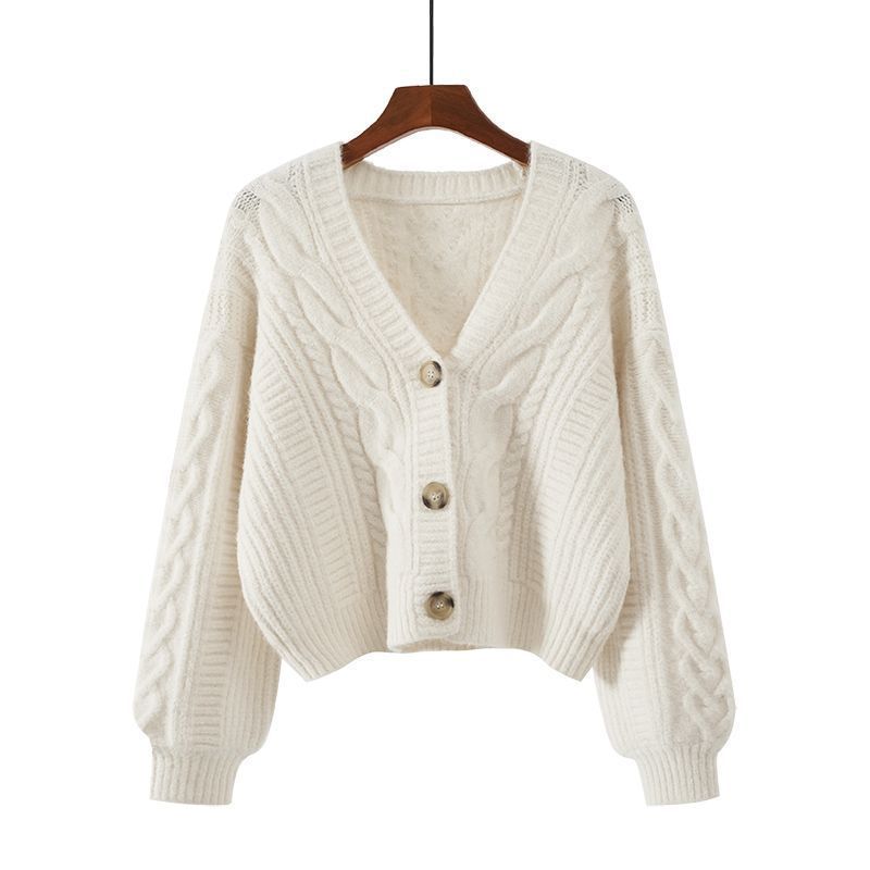 Women's V-neck Cardigan Sweater Loose Retro Cable Knit Short Cardigan Fall Winter Knit Top Outwear