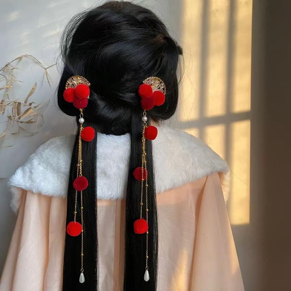 Red Chinese Style Ancient Hairpin Pearl Chinese New Year Side Clip Hanfu Hair Clip  Women