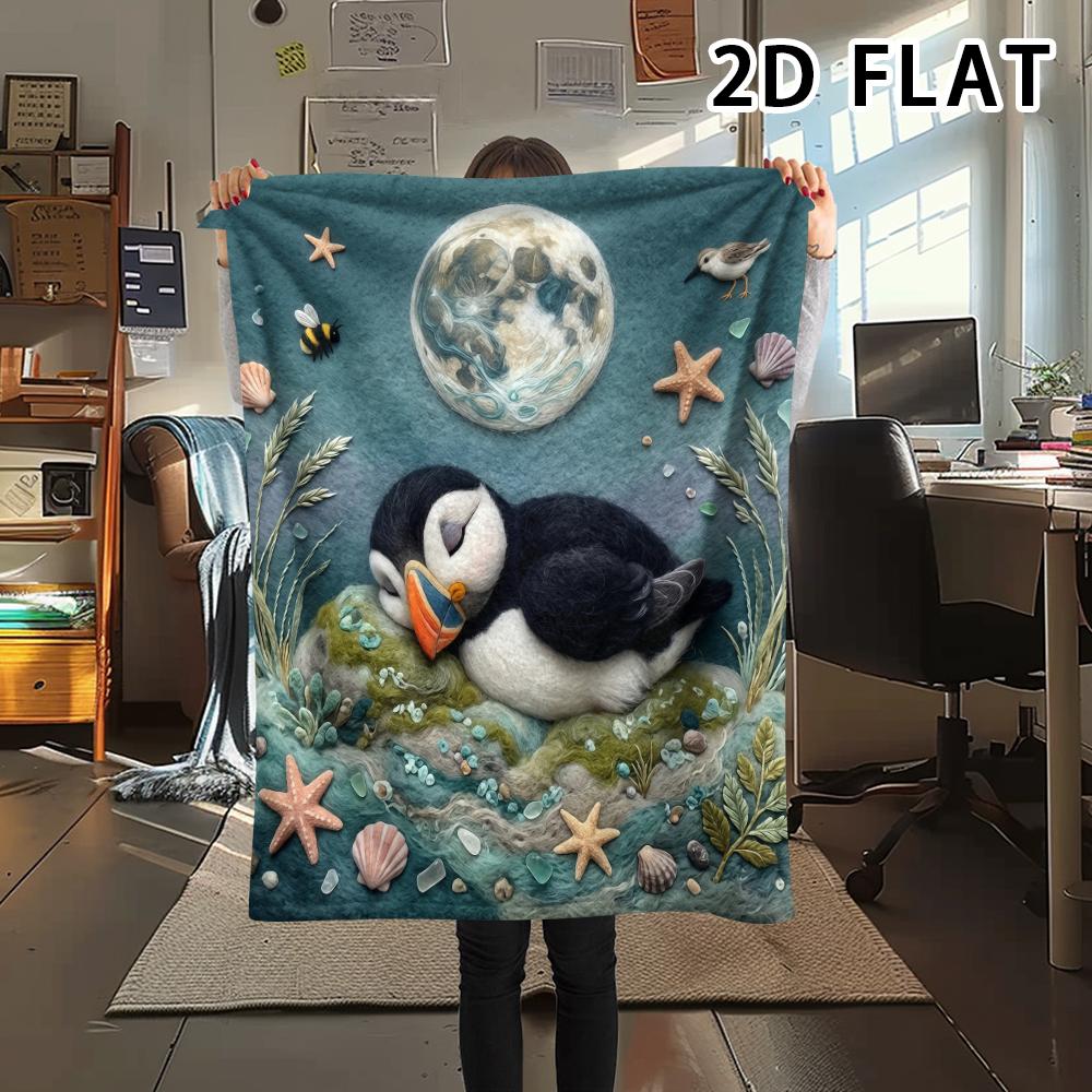 1Pc 2D FLAT Realistic Puffin Print Flannel Blanket,High quality Comfortable for All Seasons,Home Decor,Warmth and Comfort,Perfect for Christmas Gifts