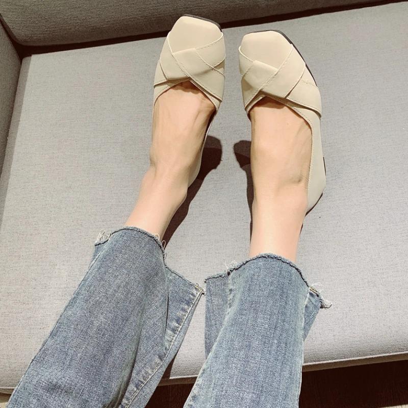 Fashion Women Single Shoes Elegant Square Toe Loafers Shallow Slip On Women Shoes Soft Sole Casual Ballet Flats Versatile Shoes