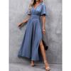 Women's Summer Elegant Deep V-Neck Split Pleated Waist Long Dresses