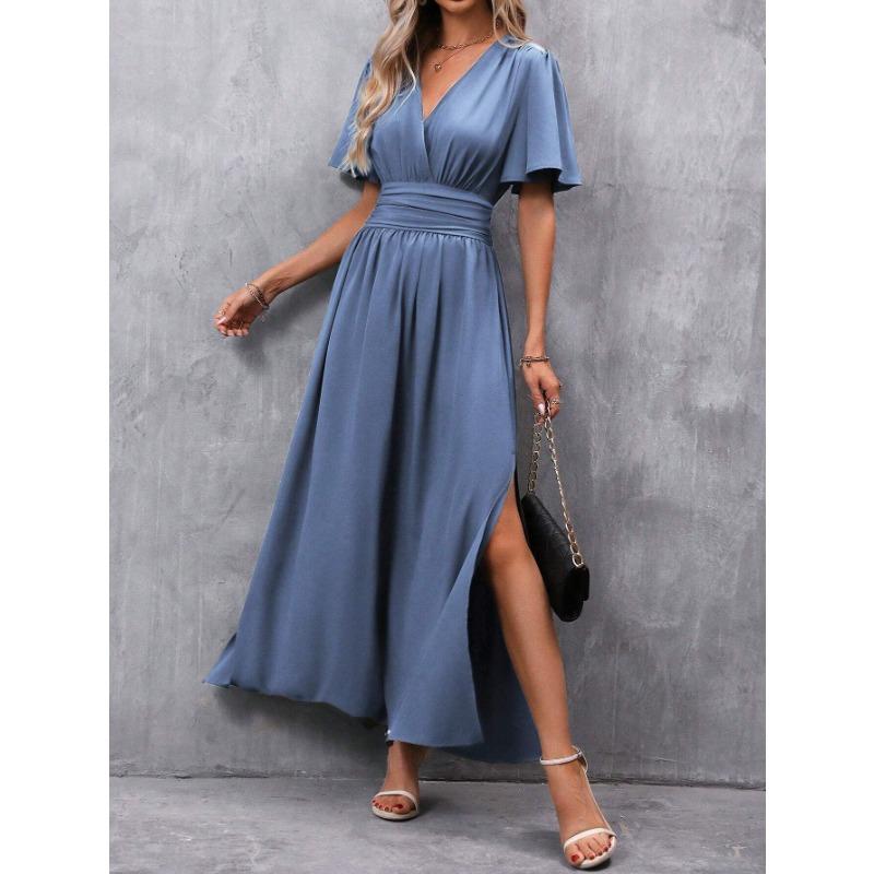 Women's Summer Elegant Deep V-Neck Split Pleated Waist Long Dresses