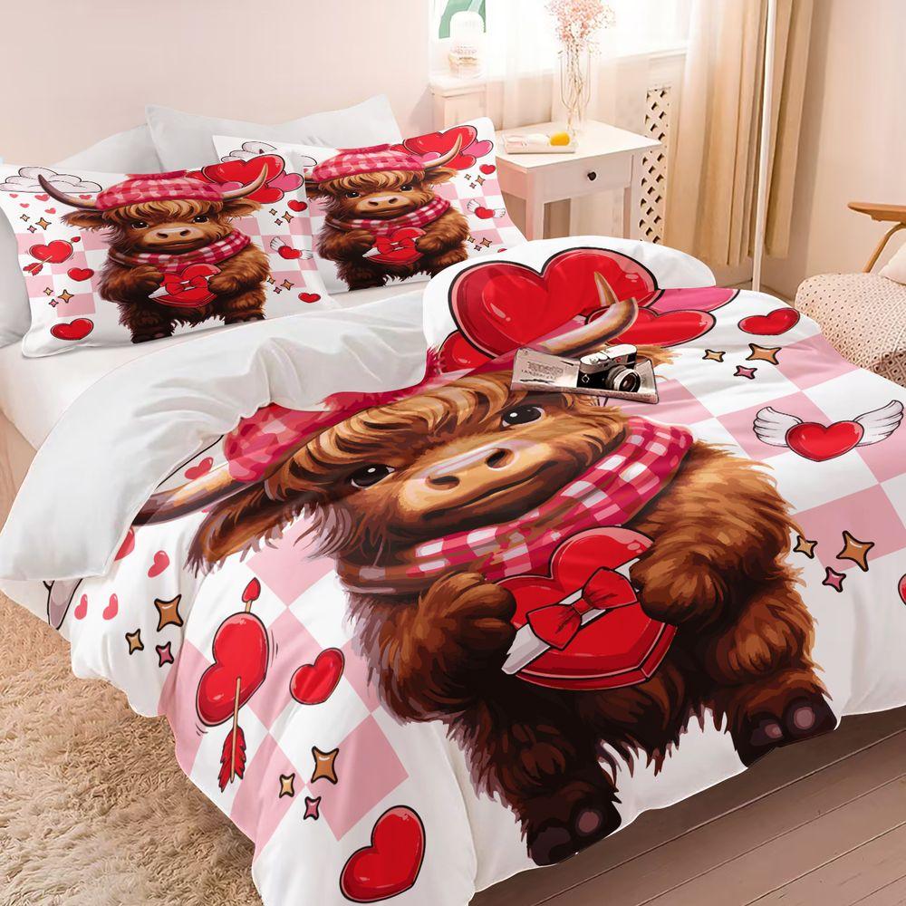 Valentine Highland Cow Print Duvet Cover Set (1 Duvet Cover & 1/2 Pillowcase) Soft Romantic Bedding For Bedroom Decor