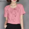 Women Casual Ruffles Round Neck Summer Short Sleeve Blouse