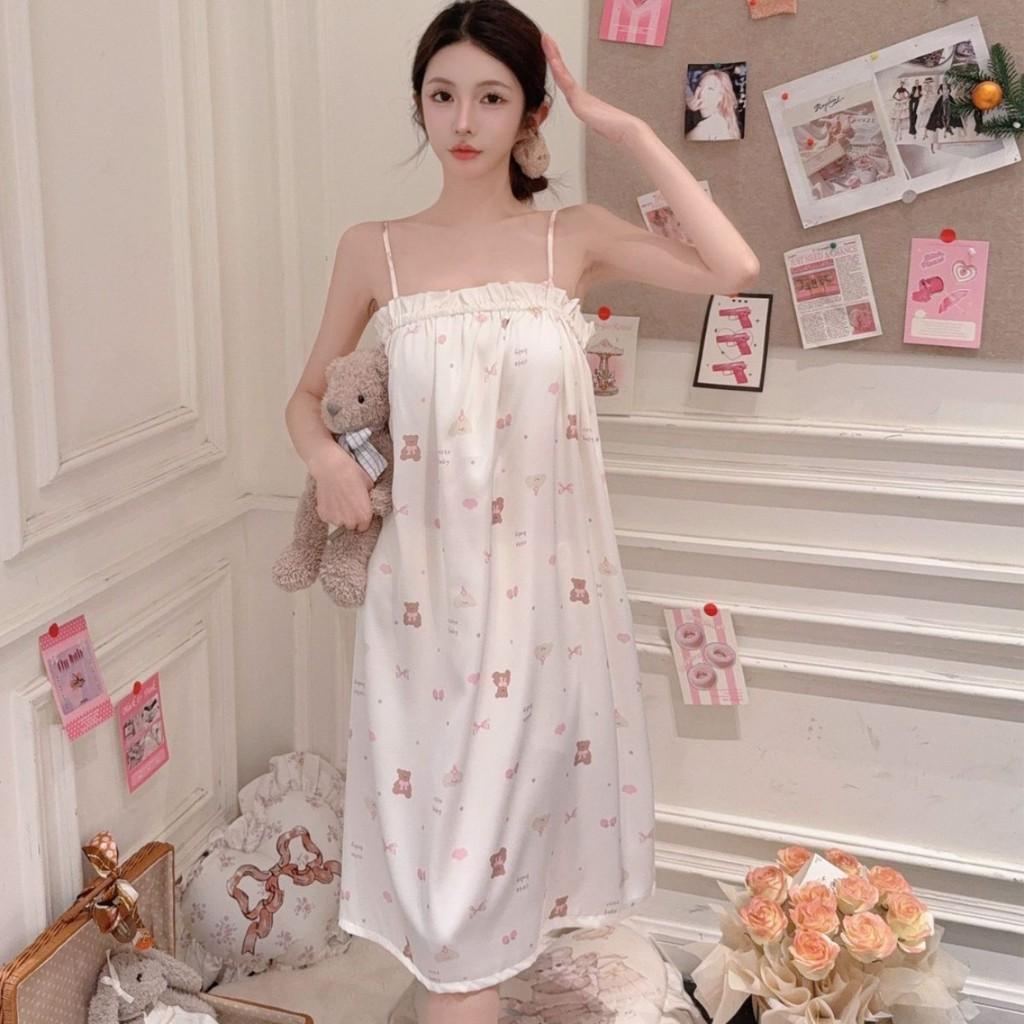 Женская пижама из ледяного шелка с мишкой, летняя одежда для дома для девочек-подростков