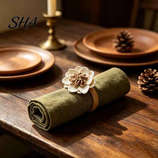 Floral Napkin Rings for Events 6Pcs Linen Flower Rings, Wooden Ring Rustic Holders, Boho Holders Dining Tables Farmhouse Wedding Bridal Shower