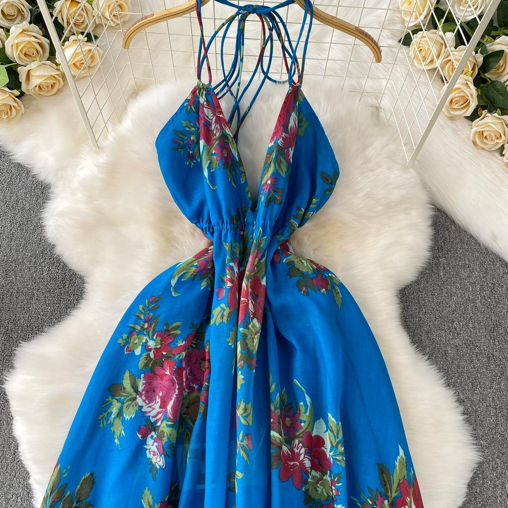 Летние женские сексуальные платья макси с V-образным вырезом, халтером, открытой спиной и принтом для отпуска и пляжа