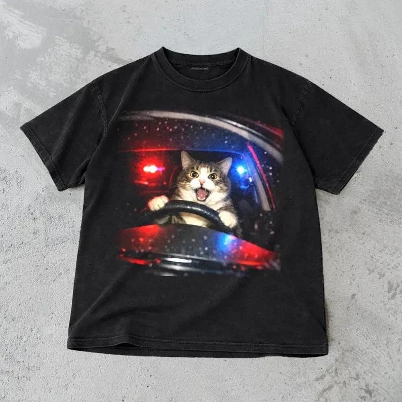 Funny Cat Vintage Cat Memes Graphic Tee, Retro Unhinged Oversized T- Shirt