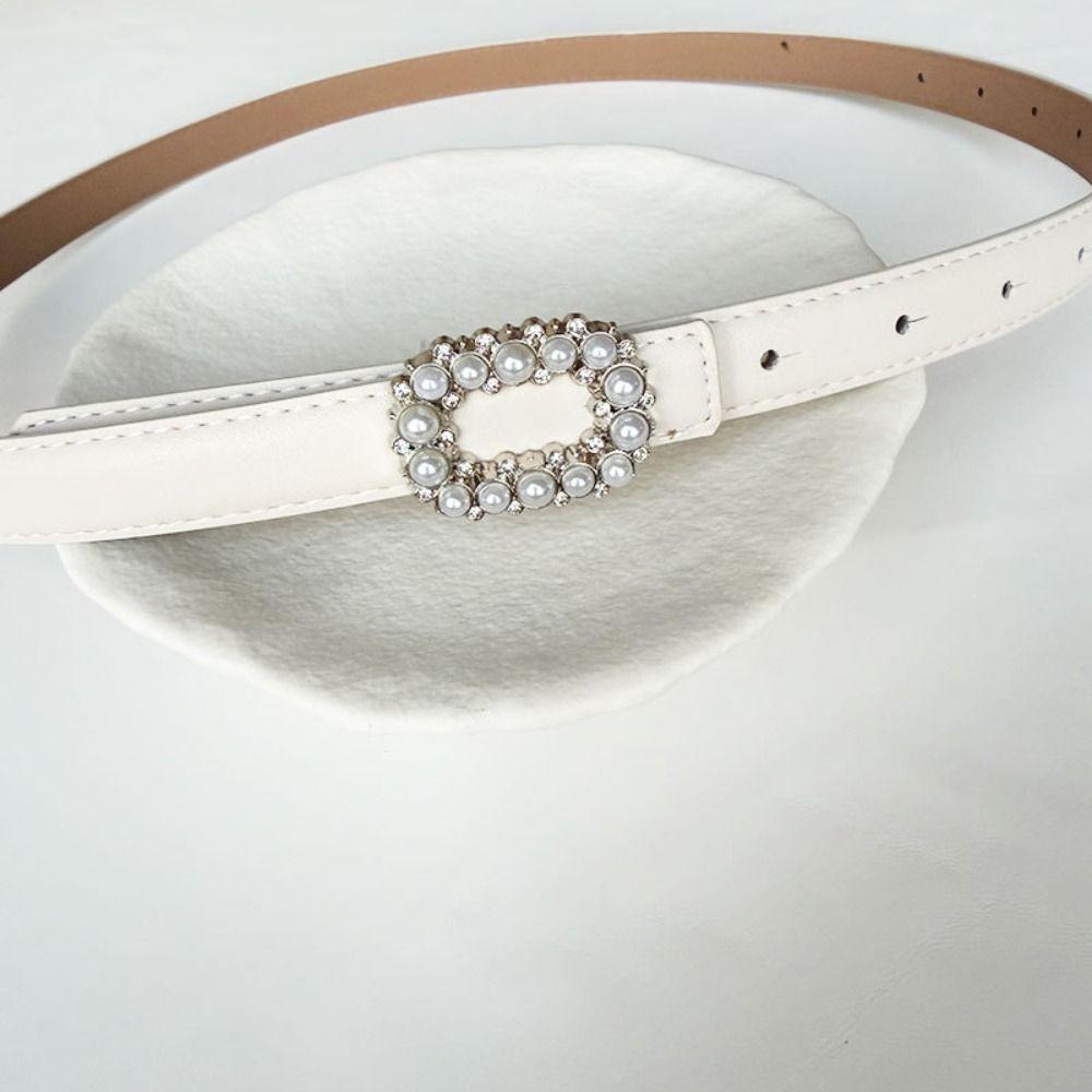 Rhinestone Pearl Decorated Women's Waist Belt Single Circle Pin Buckle Black White Waistband Thin Waist Strap Dress Accessory