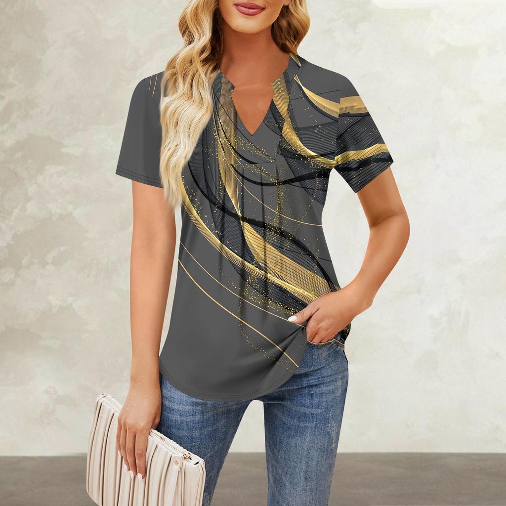 Женская повседневная свободная футболка с коротким рукавом и v-образным вырезом на груди, плиссированная свободная футболка с принтом, топ