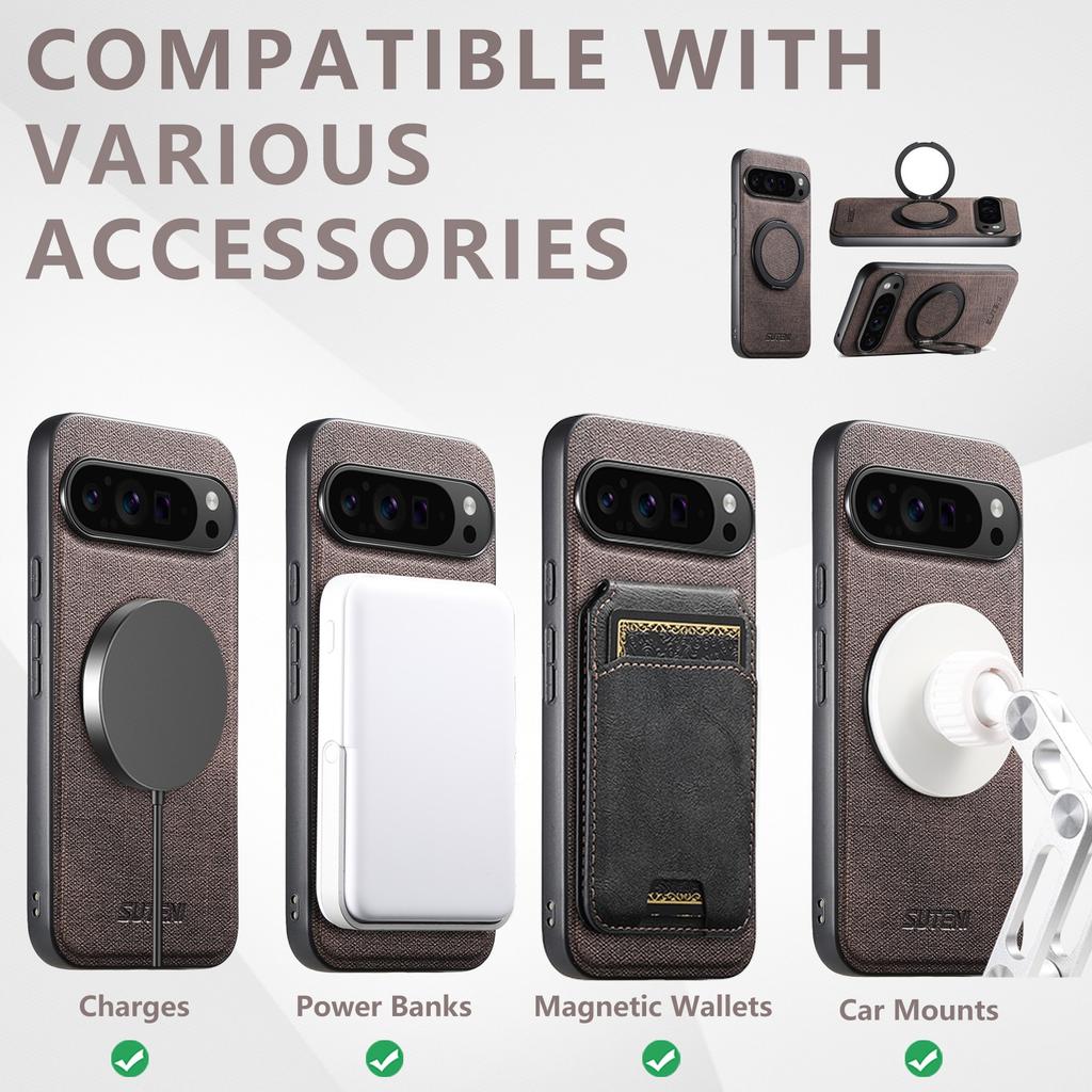 SUTENI G3 Магнитный чехол с вращающимся кольцом-подставкой для Google Pixel 10/10 Pro, текстура джинсовой ткани, задняя крышка для телефона из ПУ и ТПУ