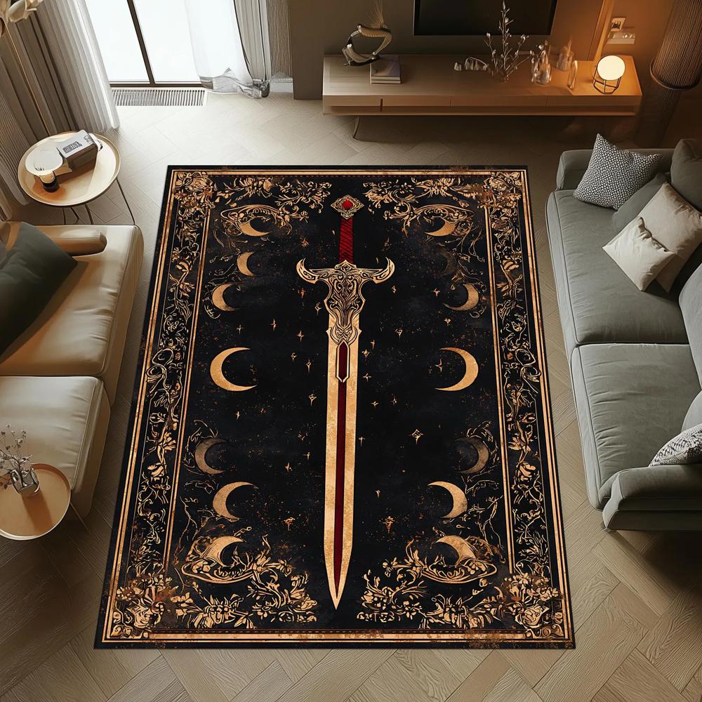 Dark Aesthetic Sword and Moon Printed Floor Mat, Soft Rug for Bedroom Living Room, Mystical Home Decor Carpet
