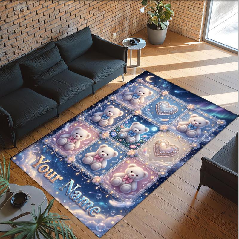 Teddy Bear Theme Crystal Velvet Rug Personalized Custom Name Text Soft Floor Mat Home Decor