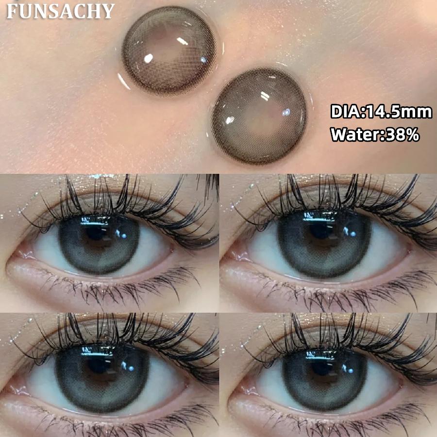 FUNSACHY2pcs Brown Colored Contacts Lenses with Myopia 0~-8.00 Degree Yearly Beauty Cosmetic Makeup Pupils 14.5mm Blue Eye Lens
