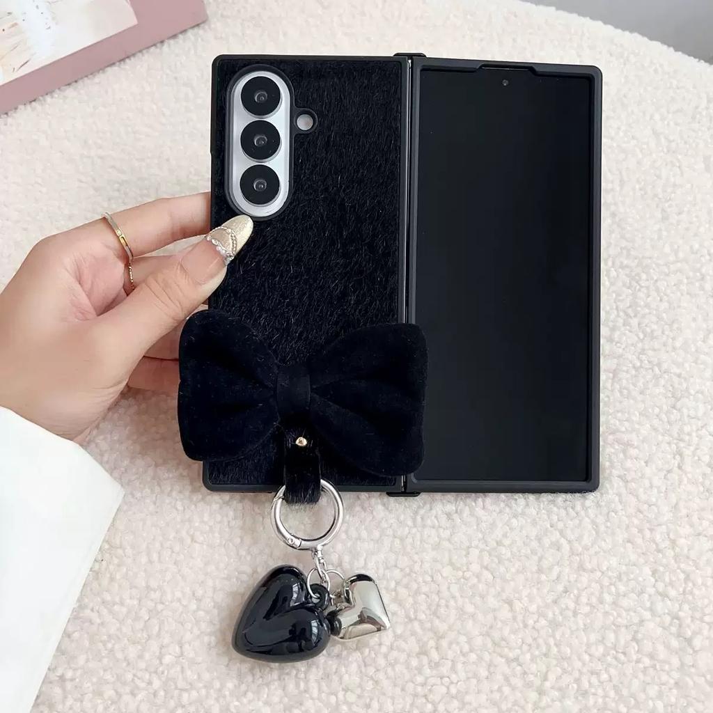 Winter Mink Fur PU Leather Heart-shaped Pendant Phone Case with Bow Strap for Samsung Zfold 7 6 5 4 PU Leather Phone Case