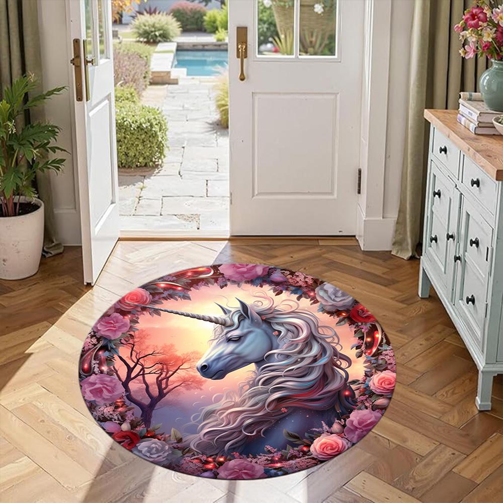 Unicorn Round Area Rug Perfect for Playrooms Entryway Dormitory Study room Antislip Round Carpet Decorate Offices Birthday Christmas Gift