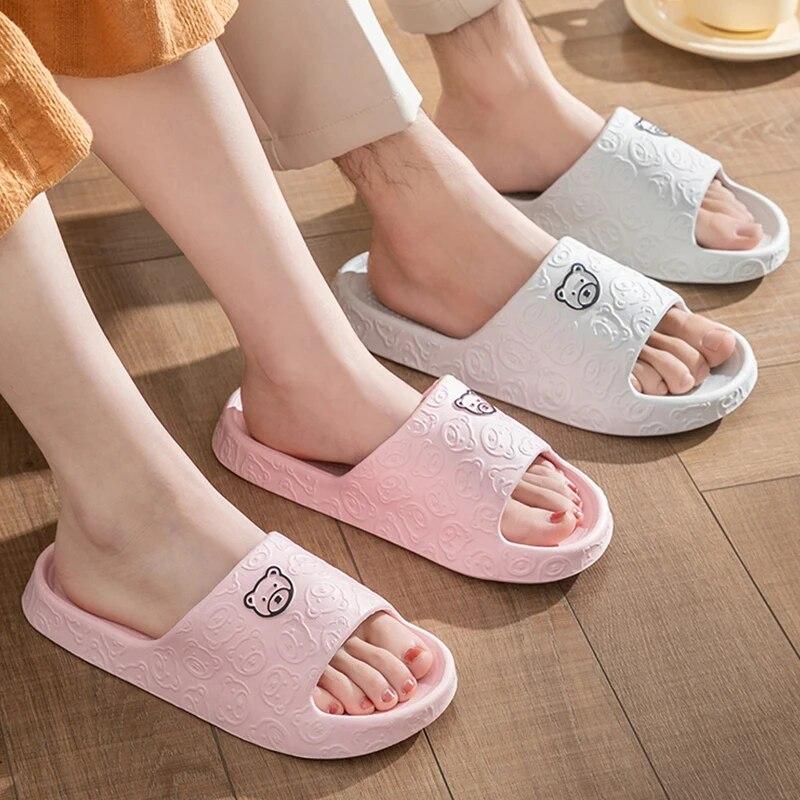 New Fashion Summer Couple Cartoon Relief Flat Slides Lithe Thin Sandals For Women Men Slippers Ladies' Home Indoor Flip Flops
