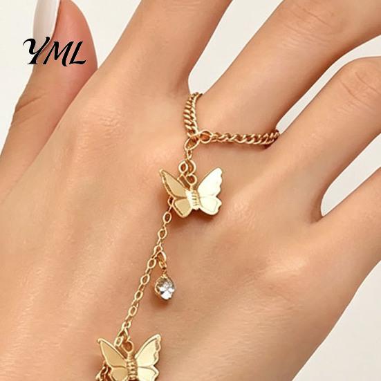 Integrated Bracelet Ring Golden Hand Chain for Women, Metal Butterfly Tassel Dainty Harness Jewelry with Finger Ring, Chic Accessory