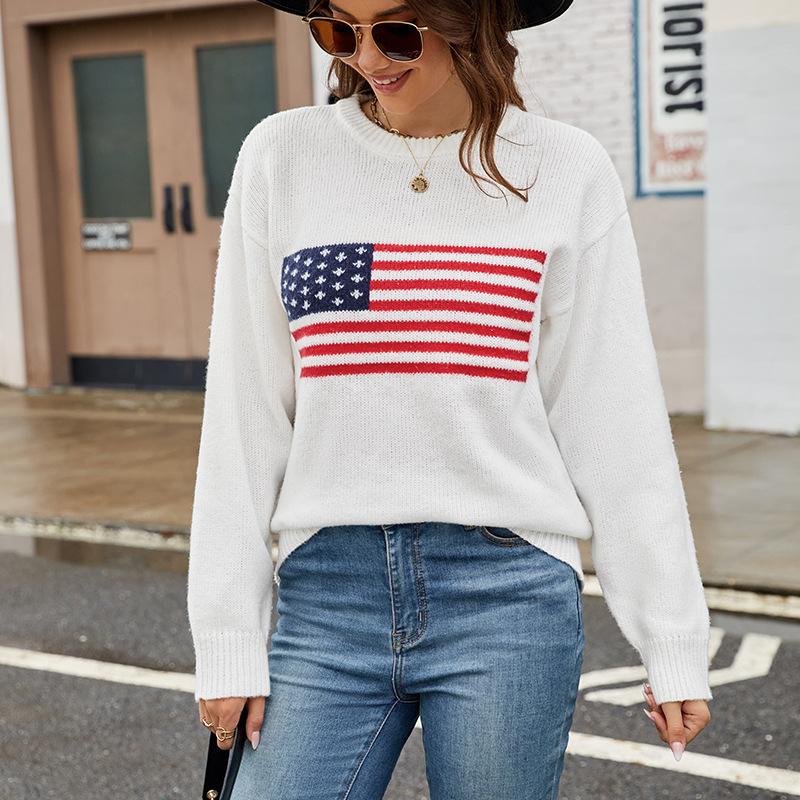 Autumn/Winter Round Neck Long Sleeve American Flag Printed Sweaters Easter Independence Day Fashion Women's Sweaters