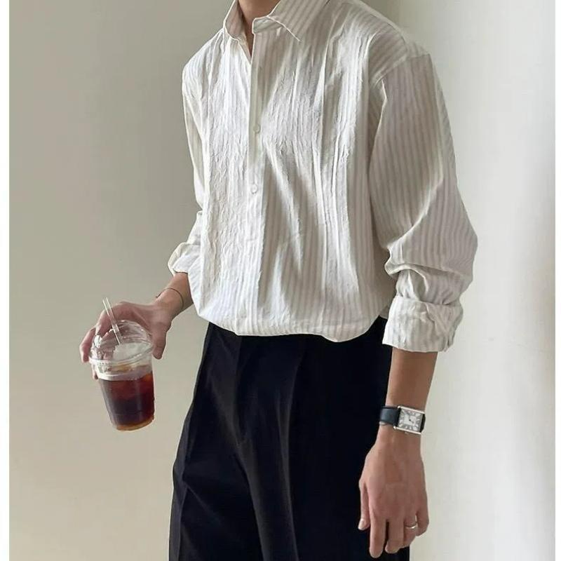 Мужская винтажная мода в японском стиле, полосатая рубашка в стиле business casual, весна-лето, с лацканами, с длинным рукавом, свободные топы, мужские рубашки