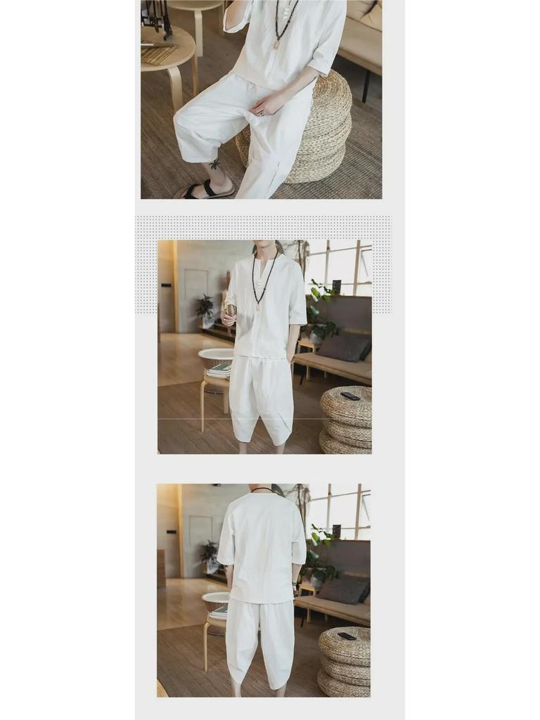 Men's Linen Cotton T-Shirt and Shorts Set - Large, Loose Fit, Short-Sleeved, Casual Summer Wear