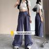 Женские маленькие синие клетчатые широкие брюки с высокой посадкой, свободного кроя, в стиле ретро