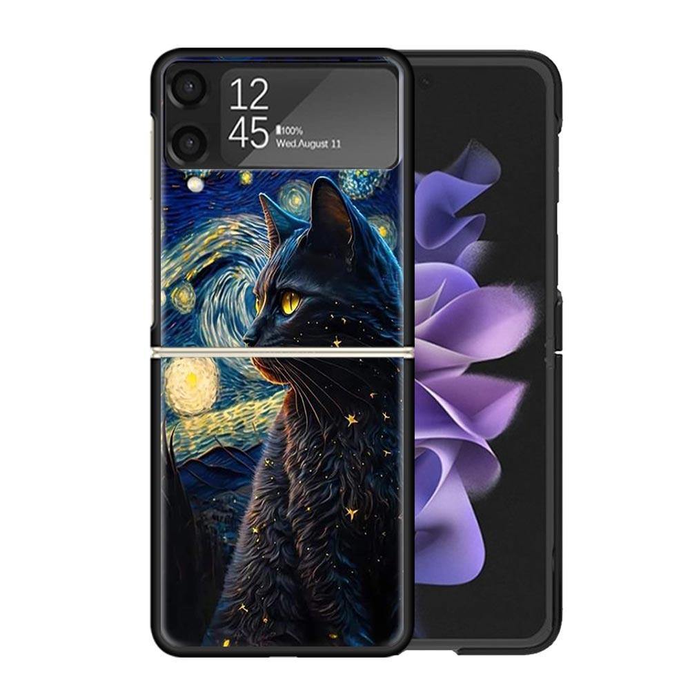 Black Cat Cartoon Cute Clear Phone Case For Samsung Z Flip 7 6 5 4 3 Galaxy ZFlip7 ZFlip6 ZFlip5 ZFlip4 ZFlip3 5G Print Cover PC