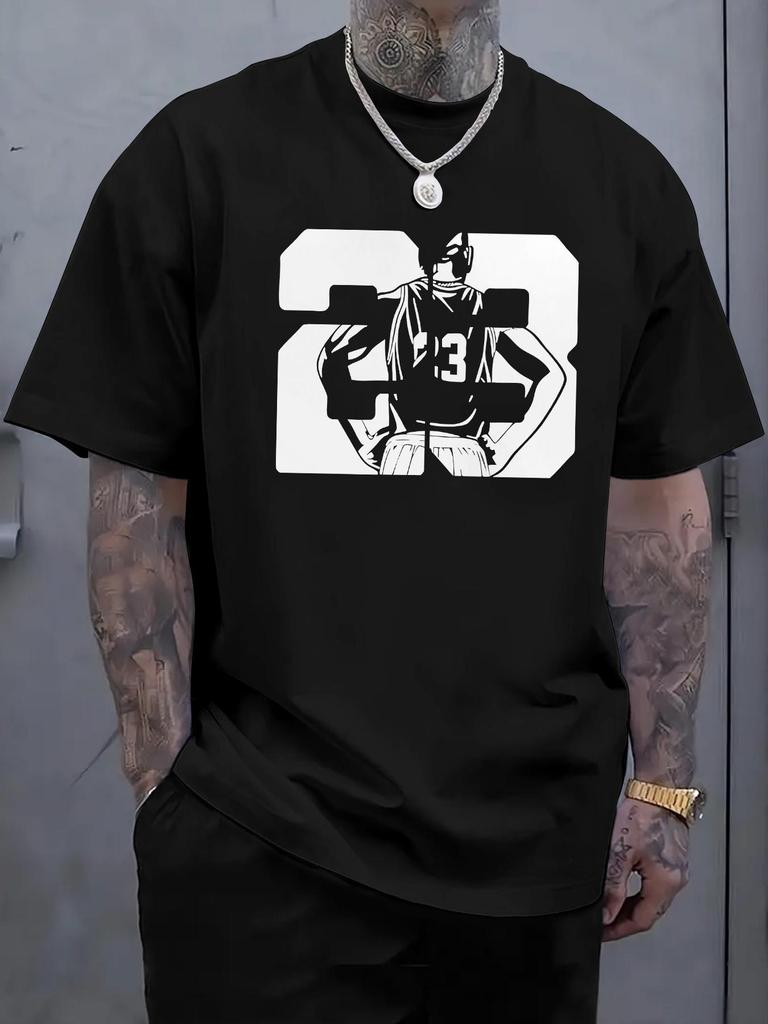 Plus Size Men's Letter Pattern Printed Christmas Essential T-Shirt. Men's Trendy Short-sleeve T-shirt, Featuring a Star Number 23 Design