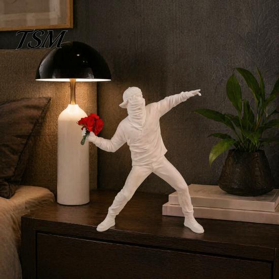 Industrial Style Resin Art Flower Throwing Boy Statue Ornament, Modern Abstract Sculptures, Artistic Living Room Ornament Minimalist Figurine for Home