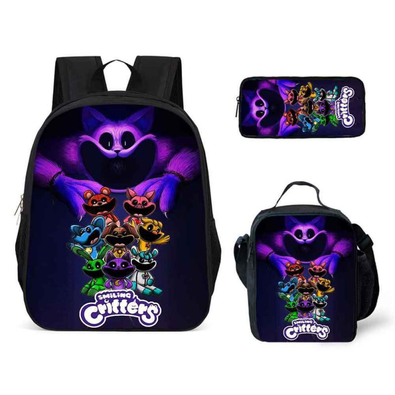 Kids School Backpack Set With Cartoon Smiling Creatures - 3-Piece Oxford Fabric Bag Elementary Students
