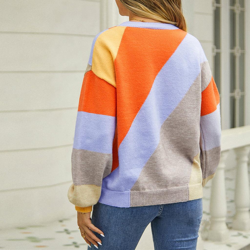 Женский повседневный модный удобный свитер с круглым вырезом, подходящий по цвету, с длинным рукавом, уличный тренд, вязаный свитер