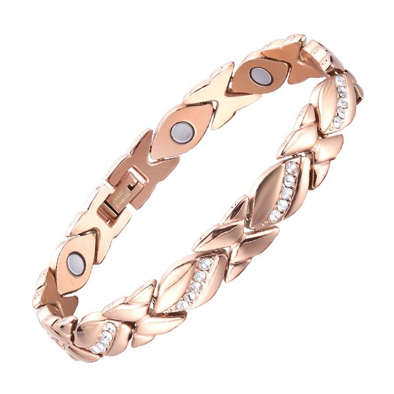 Geometric Leaf Design Titanium Steel Bracelet With Crystal Inlay Magnetic Therapy Elements Women