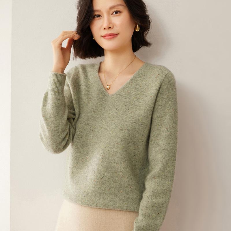 Новый роскошный свитер из 100% чистой шерсти с цветочным узором - женский корейский с V-образным вырезом, плотная и свободная вязка