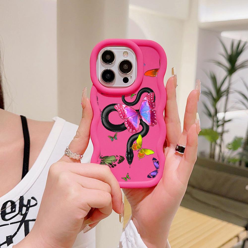 Чехлы для телефонов N77 butterfly Black Gold Snake Macaron Wavy Edge для iPhone 16 Pro Max Samsung S24 Plus S23 Ultra A35 A55 Redmi Note 13, противоударный чехол