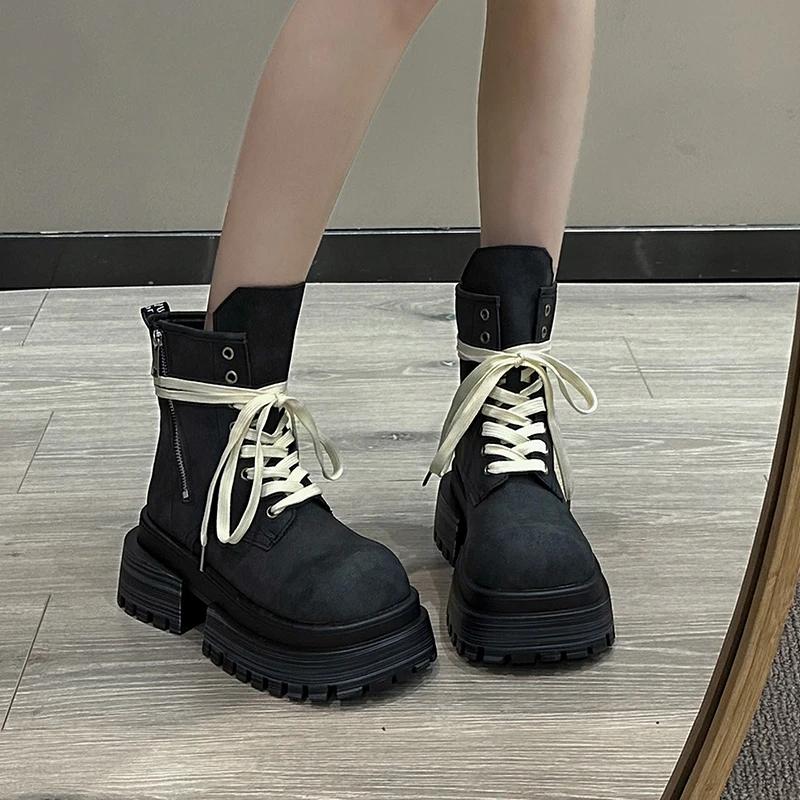 Модная женская обувь 2024 года, высококачественные женские ботинки со шнуровкой спереди, модные ботинки с круглым носком для офиса и карьеры, лидер продаж, ботинки до середины икры на молнии