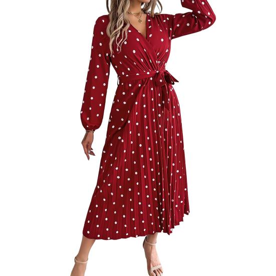 Women's Long Sleeve Dress V-Neck Polka Dot Dress with Tie Waist Long Pleated Dress for Office Parties Date