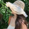 Portable Straw Weaving Beach Hat Breathable Big Brimmed Woven Cap Lace Pearls Sun Cap Camping