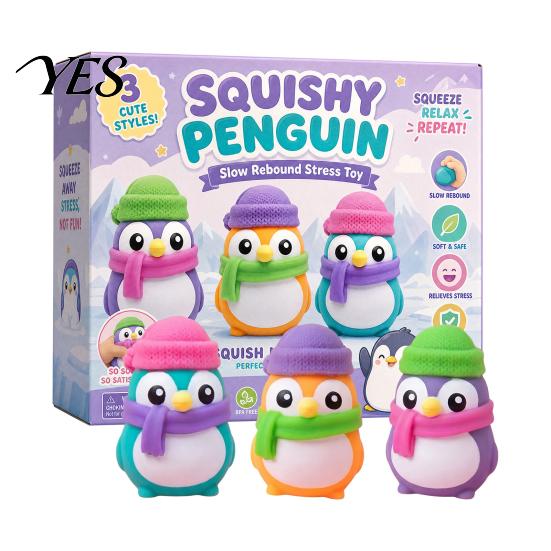 Medium Size Stress Reliever Penguin Squeeze Toy Set, Slow Rise Relief Balls, Soft Anxiety Ball TPR Decompression Figure for Adults, Cute Animal